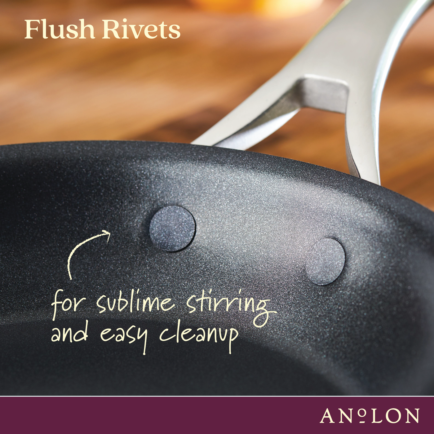 Close-up of the Nouvelle Luxe 8.5 & 10-Inch Frying Pan Set with flush rivets, perfect for easy stirring and cleanup. Induction-ready and dishwasher safe, with the Nouvelle Luxe logo at the bottom right corner.