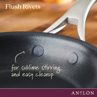 Close-up of the Nouvelle Luxe 8.5 & 10-Inch Frying Pan Set with flush rivets, perfect for easy stirring and cleanup. Induction-ready and dishwasher safe, with the Nouvelle Luxe logo at the bottom right corner.