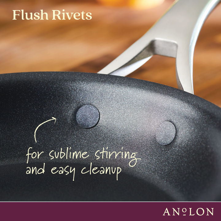 Close-up of the Nouvelle Luxe 8.5 & 10-Inch Frying Pan Set with flush rivets, perfect for easy stirring and cleanup. Induction-ready and dishwasher safe, with the Nouvelle Luxe logo at the bottom right corner.