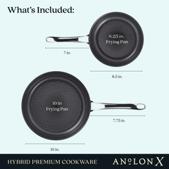 Image showing two frying pans on a light blue background. The upper pan, part of the AnolonX 8.25-Inch and 10-Inch Hybrid Nonstick Frying Pan Set, features SearTech™ technology for optimal heat distribution. It is labeled as an 8.25-inch Frying Pan and measures 8.5 inches across with a 7-inch handle. The lower pan, with a nonstick finish, is labeled as a 10-inch Frying Pan and measures 9.75 inches across with a 7.75-inch handle.