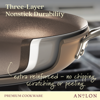 A close-up of a frying pan with text highlighting its features: Three-Layer Nonstick Durability, extra reinforced - no chipping, scratching, or peeling. The pan is shiny, with a smooth surface and sturdy handle. Branding reads Anolon.