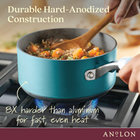 A person stirs food in a blue, hard-anodized saucepan on a stove. Text highlights the pots durable construction, stating it is 8 times harder than aluminum for fast, even heat. The brand name Anolon is displayed at the bottom.