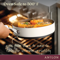A hand placing a frying pan with stuffed peppers into an oven. Text reads, Oven Safe to 500° F and goes from stove to oven to table for ultimate versatility. Brand name ANOLON is at the bottom.