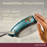 A hand wipes the side of a frying pan with a cloth, showing its stain-resistant, nonstick exterior. The pan is teal and the background text highlights its stay-clean qualities. The word Anolon appears in the bottom right corner.