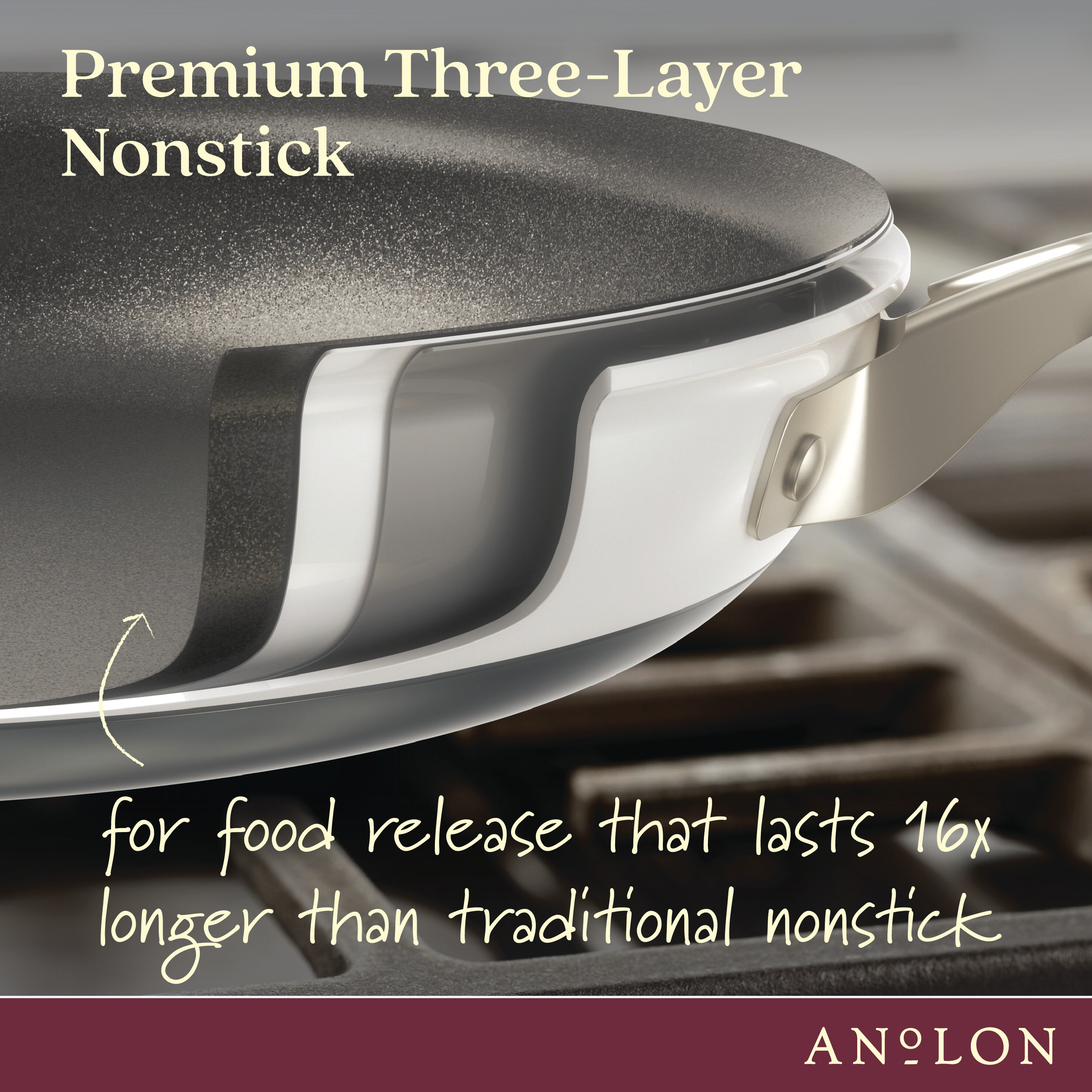 Close-up of a nonstick frying pan on a stove. The text reads Premium Three-Layer Nonstick and for food release that lasts 16x longer than traditional nonstick. The brand name Anolon is shown at the bottom.