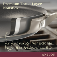 Close-up of a nonstick frying pan on a stove, highlighting its premium three-layer design. Text reads, Premium Three-Layer Nonstick and for food release that lasts 16x longer than traditional nonstick. The brand name Anolon is shown.