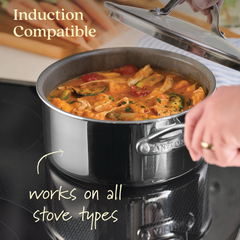 A hand opens a pot from the EverLast Ceramic Stainless Steel 11-Piece Cookware Set on a stovetop, revealing vegetable and meat stew. Text reads Efficient Heating and Compatible with All Stove Types. A kitchen counter is visible in the background.