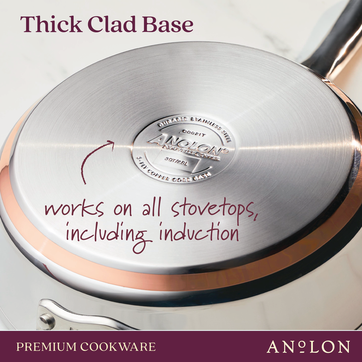 Close-up of the bottom of a Nouvelle Luxe 11-Piece Mixed Metals Cookware stainless steel pan featuring a thick clad base. The label reads works on all stovetops, including induction. Text on the image includes "Thick Clad Base" and "Premium Cookware.