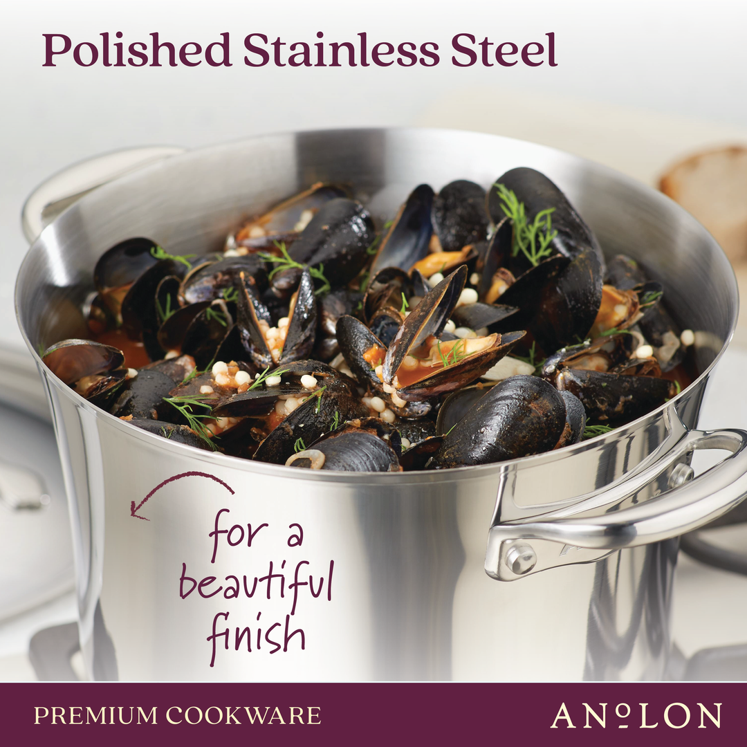 A polished stainless steel pot filled with cooked mussels, herbs, and grains highlights the premium cookware of Nouvelle Stainless. The text emphasizes the beautiful finish of Polished Stainless Steel, ensuring superior heat control for perfect culinary results with their 8" & 9.5" Frying Pan Set.