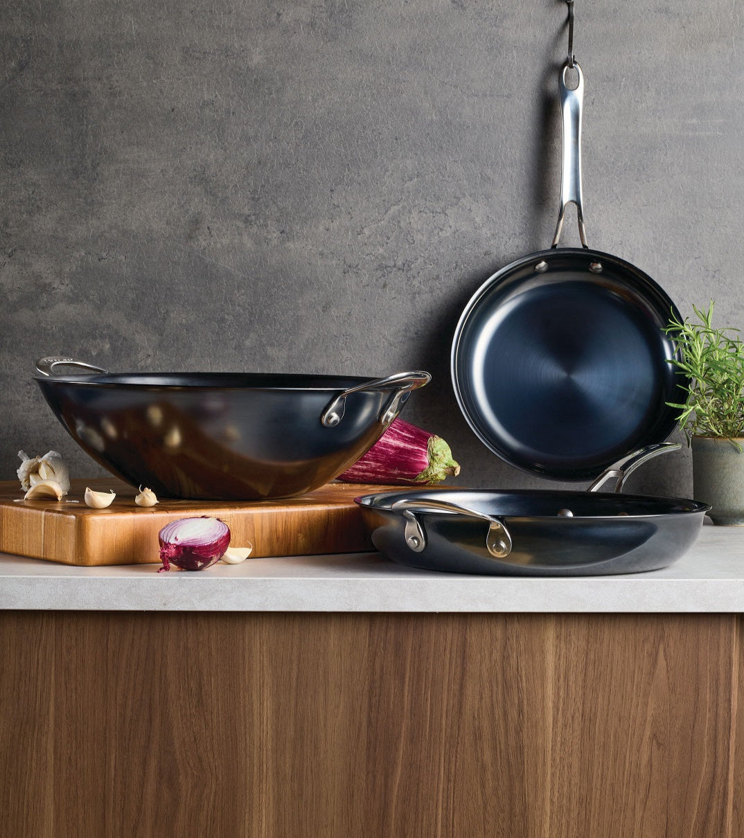 Carbon steel cookware on kitchen counter