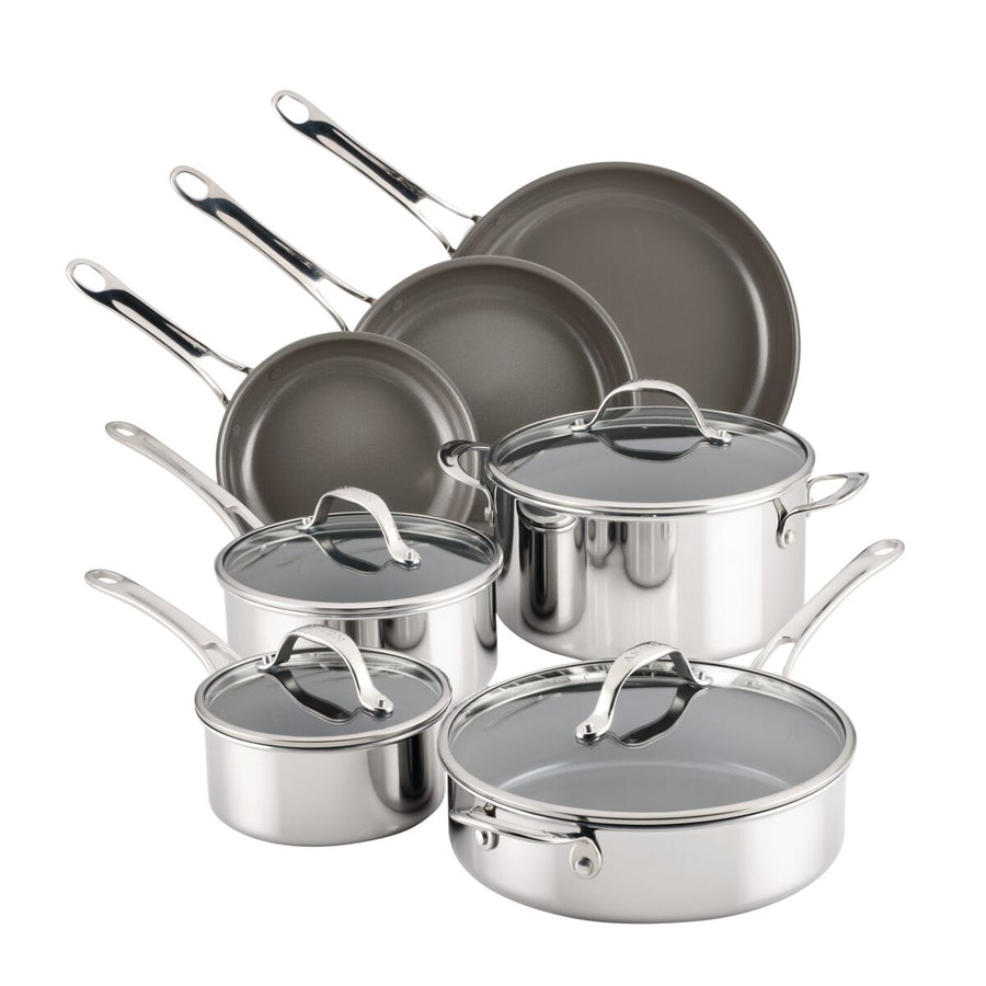 The 11-Piece Ceramic Nonstick Stainless Steel Cookware Set by EverLast Ceramic Stainless Steel includes frying pans, saucepans, and stockpots with efficient heating interiors and nonstick surfaces, while its polished exteriors and long handles offer an elegant touch.