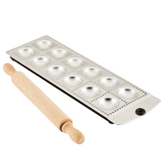 The Ravioli Press with Mini Rolling Pin by Food Prep showcases a traditional design featuring twelve circular indents with scalloped edges, complete with a wooden rolling pin. Both items are crafted from aluminum alloy and elegantly positioned on a plain white background.