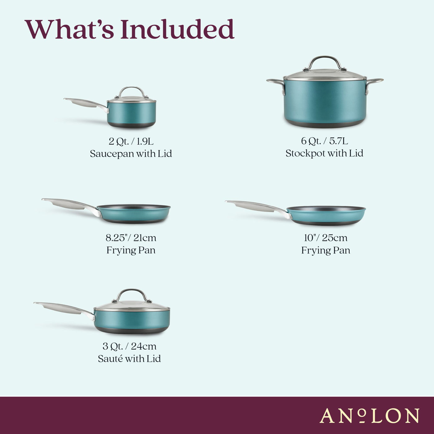 Image displaying various Anolon cookware with captions: 2 Qt./1.9L Saucepan with Lid, 6 Qt./5.7L Stockpot with Lid, 8.25/21cm Frying Pan, 10/25cm Frying Pan, and 3 Qt./2.8L Sauté with Lid.