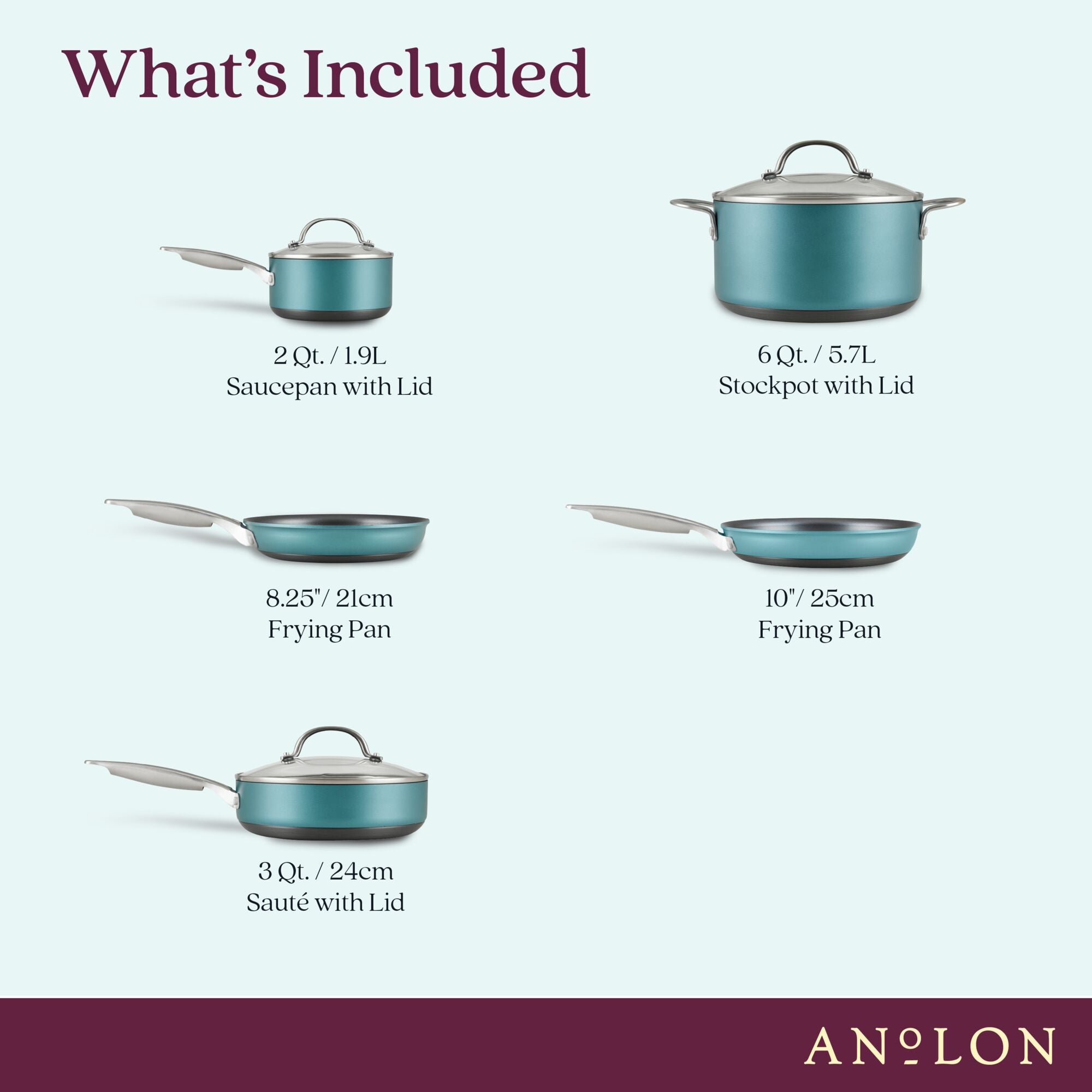 Image displaying various Anolon cookware with captions: 2 Qt./1.9L Saucepan with Lid, 6 Qt./5.7L Stockpot with Lid, 8.25/21cm Frying Pan, 10/25cm Frying Pan, and 3 Qt./2.8L Sauté with Lid.