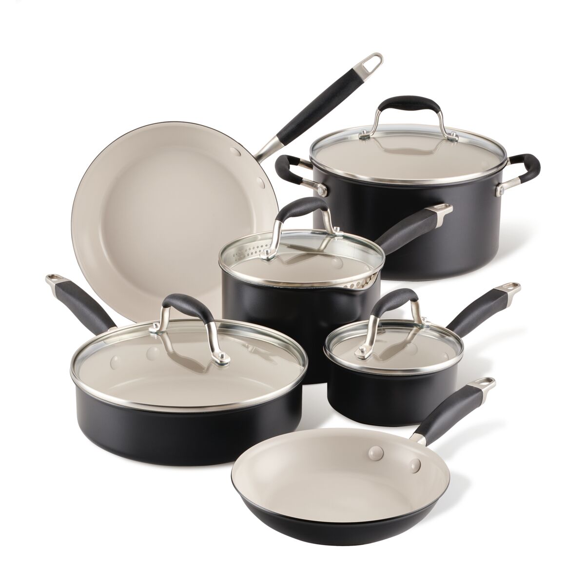 The Advanced Ceramic 10-piece cookware set features ceramic nonstick interiors and glass lids. With sturdy handles and a compact design, this elegant black set on a white background is perfect for any modern kitchen.