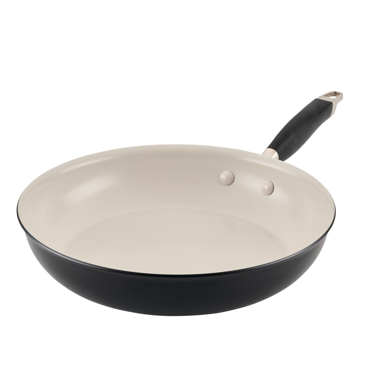 The Advanced Ceramic 12-inch black frying pan boasts a beige ceramic nonstick interior and a sleek black handle. Its smooth surface with two rivets ensures durability, while the silver-accented handle adds elegance. This pristine cookware is perfect for any kitchen.