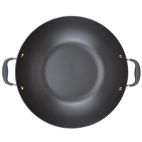 Top view of a large, round, non-stick black cooking pan with two handles on either side. The interior is smooth and evenly colored. The handles are dark and appear ergonomic. The pan is set against a plain white background.
