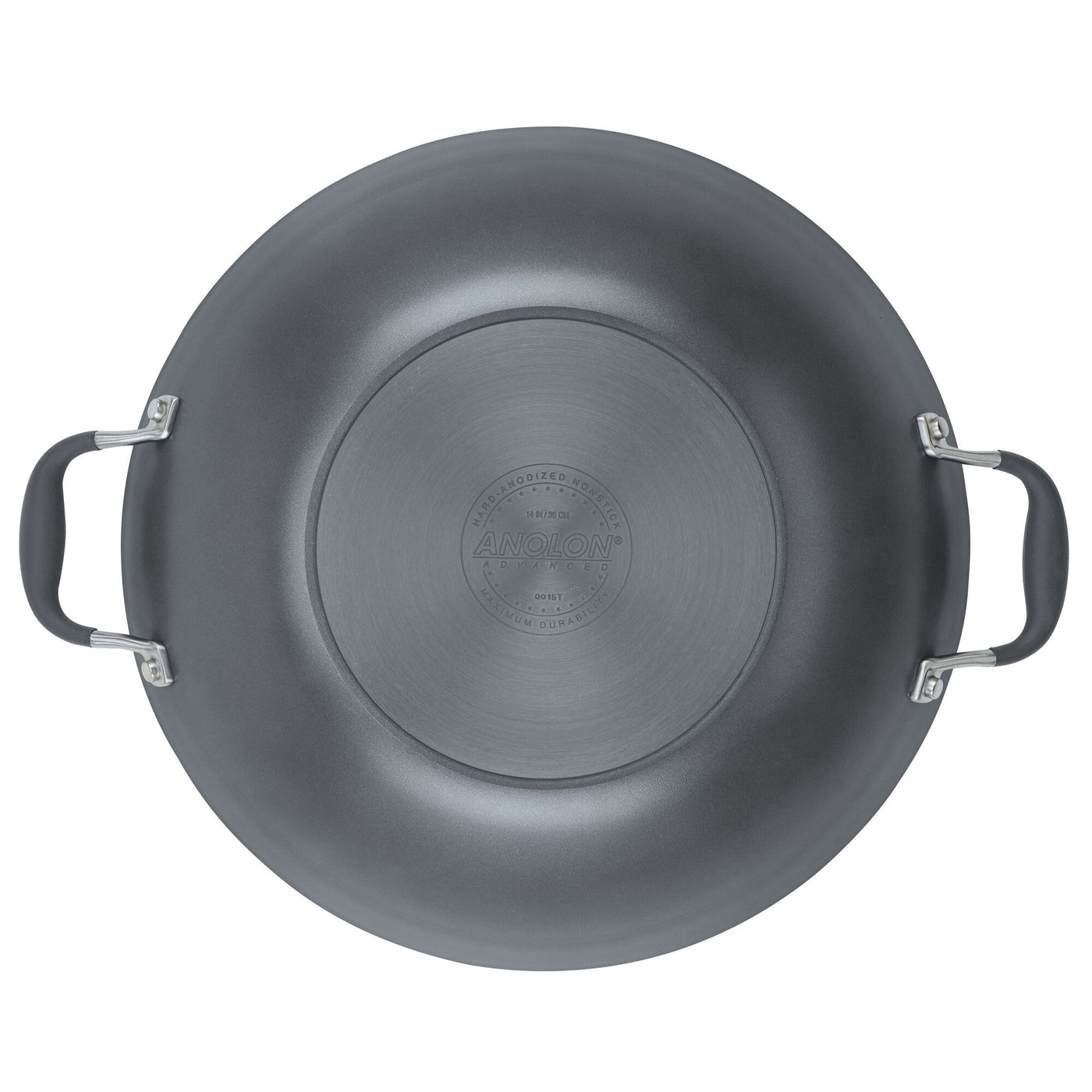 Top view of a large, round, gray Anolon pan with two silver handles. The brand name Anolon is embossed in the center of the pans base.