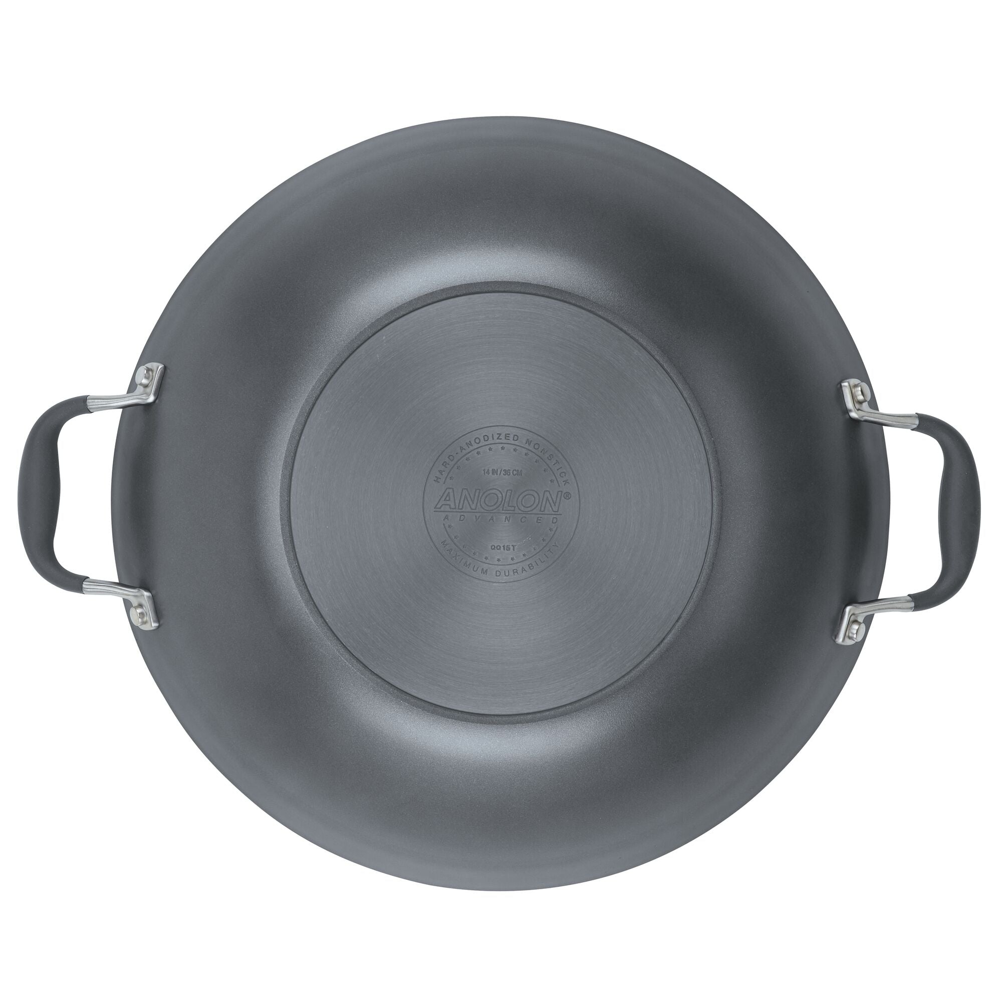 Top view of a large, round, gray Anolon pan with two silver handles. The brand name Anolon is embossed in the center of the pans base.