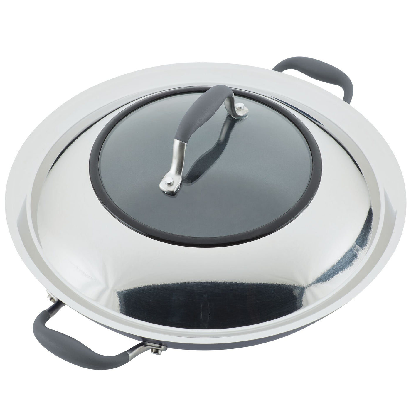 A stainless steel cooking lid with a glass center and two black rubber handles. The lid is dome-shaped and reflective, designed to fit a skillet or pan.