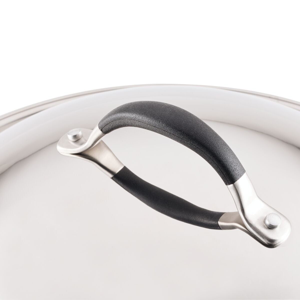 Here's a rewrite of the sentence using the provided product data:

This close-up showcases Advanced Home's 14-Inch Stainless Steel Domed Lid, featuring a sleek, black handle. The lid's durable and polished stainless steel surface reflects light brilliantly, highlighting its refined finish. The handle is secured with metal rivets and boasts a smooth, curved design for comfortable gripping.