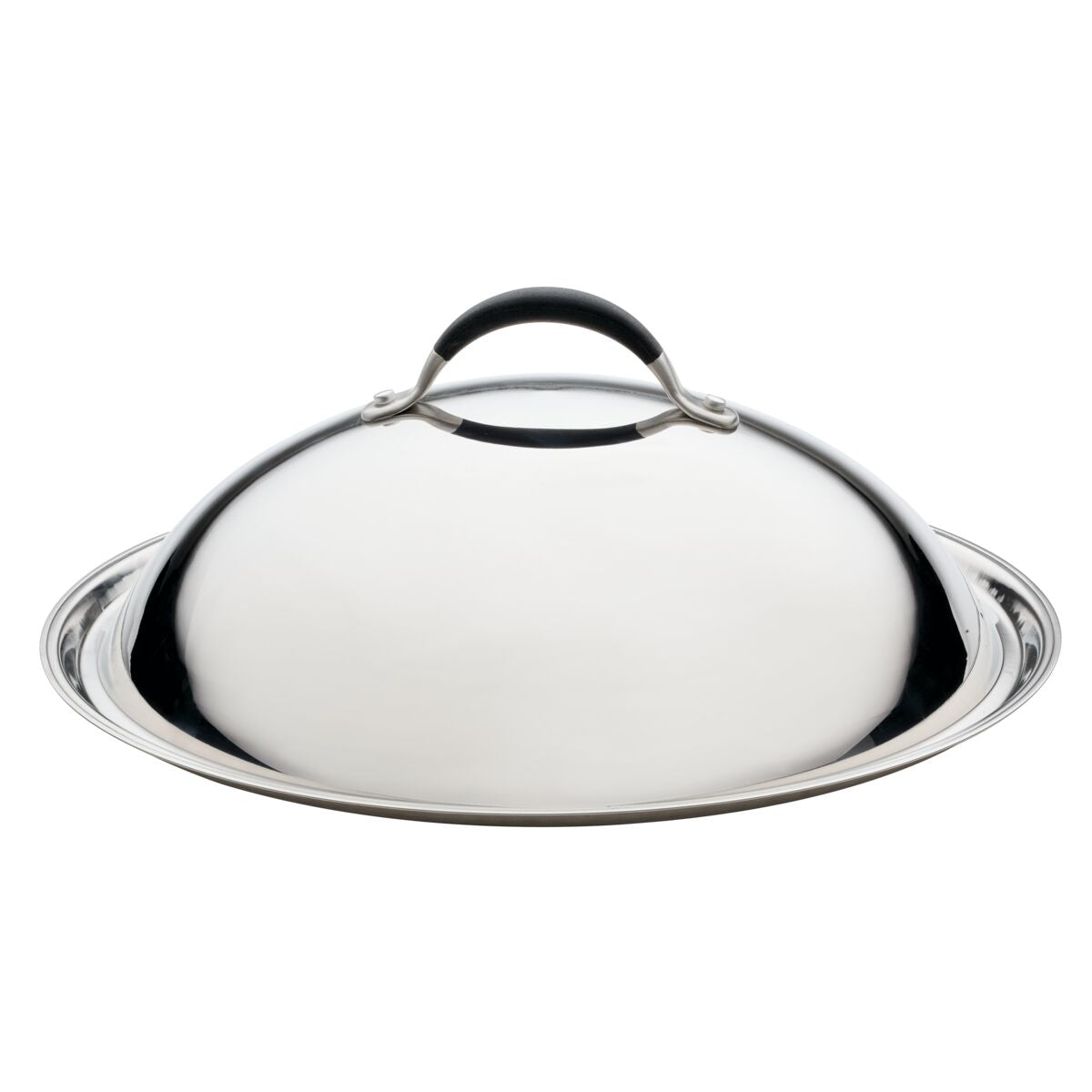Introducing the Advanced Home 14-Inch Stainless Steel Domed Lid, featuring a durable construction and black handle on top. Its smooth, shiny reflective surface makes it an ideal addition to your kitchen cookware collection.