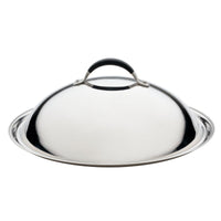 Introducing the Advanced Home 14-Inch Stainless Steel Domed Lid, featuring a durable construction and black handle on top. Its smooth, shiny reflective surface makes it an ideal addition to your kitchen cookware collection.