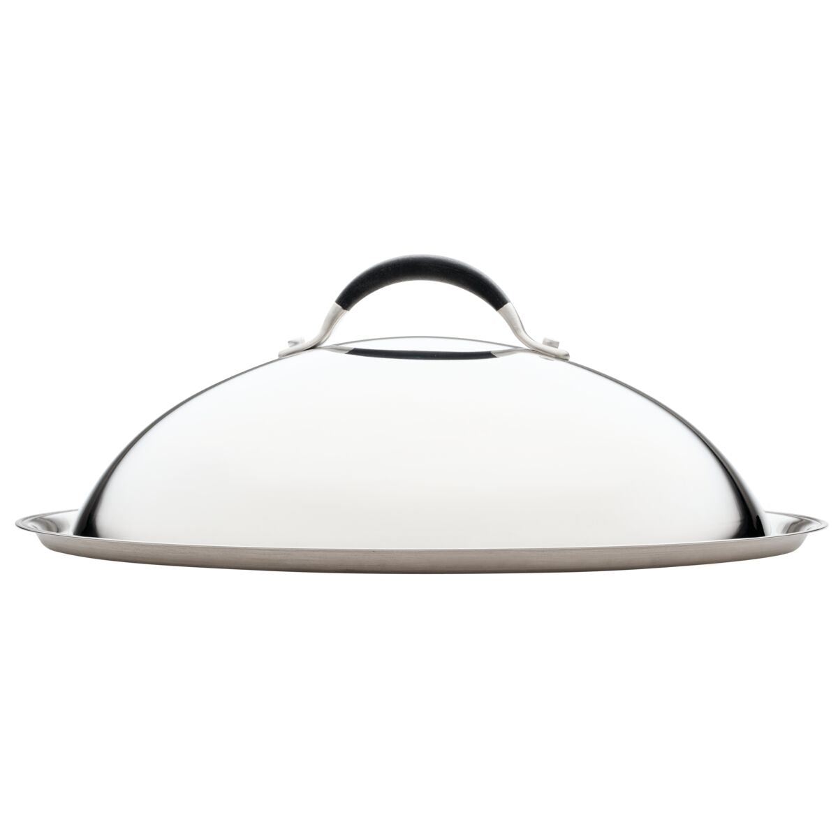 The 14-Inch Stainless Steel Domed Lid by Advanced Home features a durable, stainless steel construction with a black handle, elegantly displayed on a neutral white background. Designed to cover large pans or dishes, its shiny and reflective surface adds sophistication to any cookware collection.