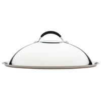 The 14-Inch Stainless Steel Domed Lid by Advanced Home features a durable, stainless steel construction with a black handle, elegantly displayed on a neutral white background. Designed to cover large pans or dishes, its shiny and reflective surface adds sophistication to any cookware collection.