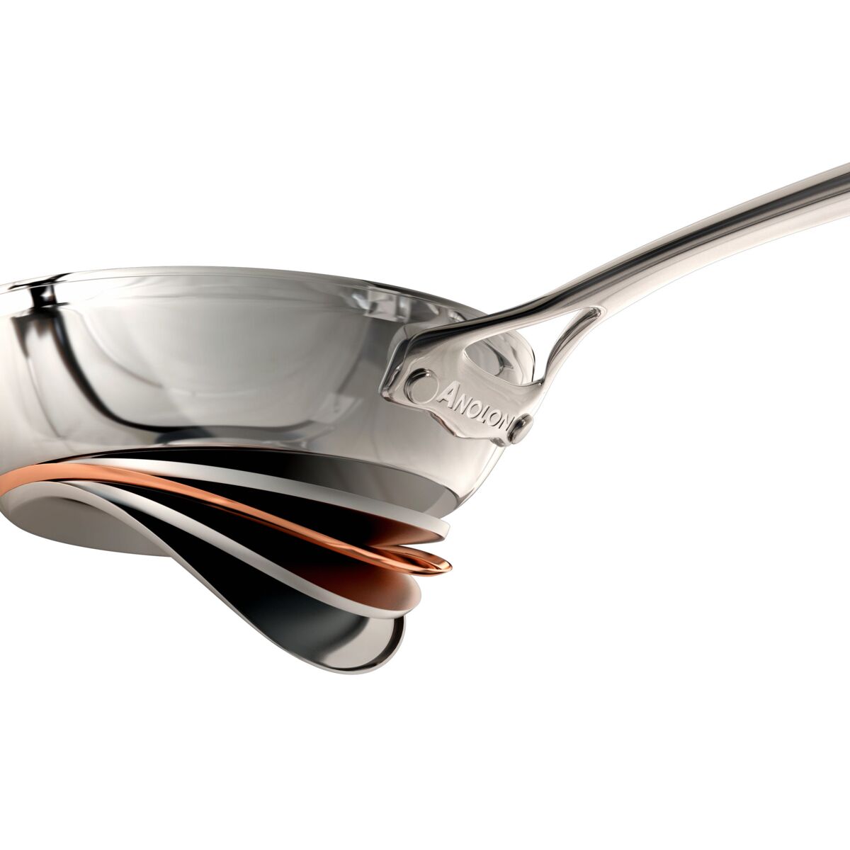 A technical layer graphic of an Anolon Nouvelle Copper Stainless Steel frying pan. The image features a "pull-away" exploded view of the pan's base, revealing five distinct layers: a polished stainless steel interior, an aluminum core for heat distribution, a thick copper mid-layer for superior temperature control, a second aluminum layer, and a magnetized stainless steel exterior for induction compatibility.