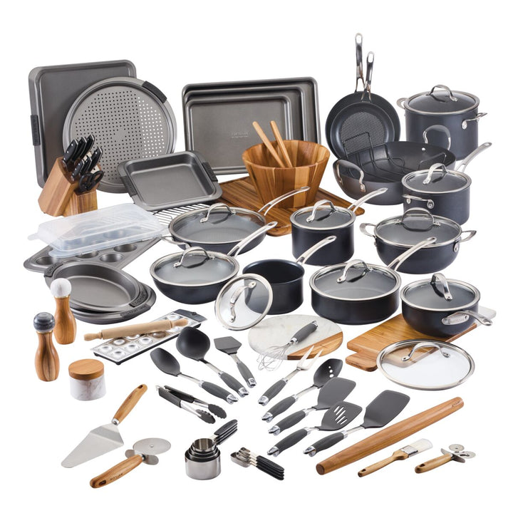 Explore "The Everything Set: 75 Pieces" by Exclusive, a curated collection of essential kitchen items including pots, pans, knives, and utensils. Crafted from metal, wood, and plastic, each item is thoughtfully designed with SearTech™ technology for exceptional performance against a sleek white backdrop.