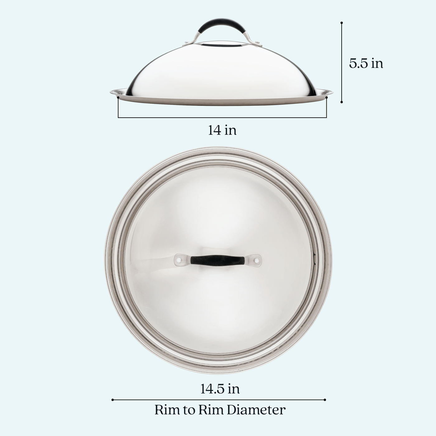 The Advanced Home 14-Inch Stainless Steel Domed Lid is a durable piece of cookware, featuring a handle and shown in two views: one side view with a height of 5.5 inches and one top view illustrating its 14.5-inch rim-to-rim diameter, with the lid itself measuring 14 inches across.