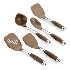 The SureGrip Utensil Set by Tools and Gadgets includes a set of five brown kitchen utensils featuring stainless steel handles: a slotted turner, a solid spatula, a rounded spoon, a ladle, and a narrow spatula. This heat-resistant nylon collection is designed for nonstick surfaces and is dishwasher safe, all beautifully displayed on a white background.