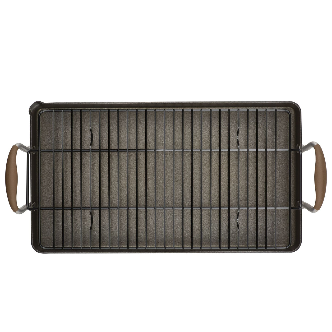 A rectangular baking pan with a wire rack resting inside. The pan has two handles on the shorter sides, each with a brown grip. The rack is metal, consisting of parallel bars running the length of the pan.