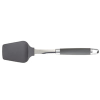 A gray spatula with a silicone head and a stainless steel handle featuring a hanging loop at the end. The spatula is placed on a plain white background.
