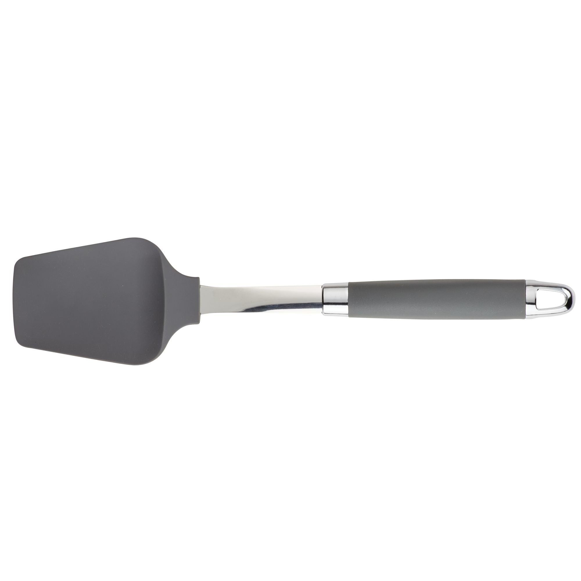 A gray spatula with a silicone head and a stainless steel handle featuring a hanging loop at the end. The spatula is placed on a plain white background.