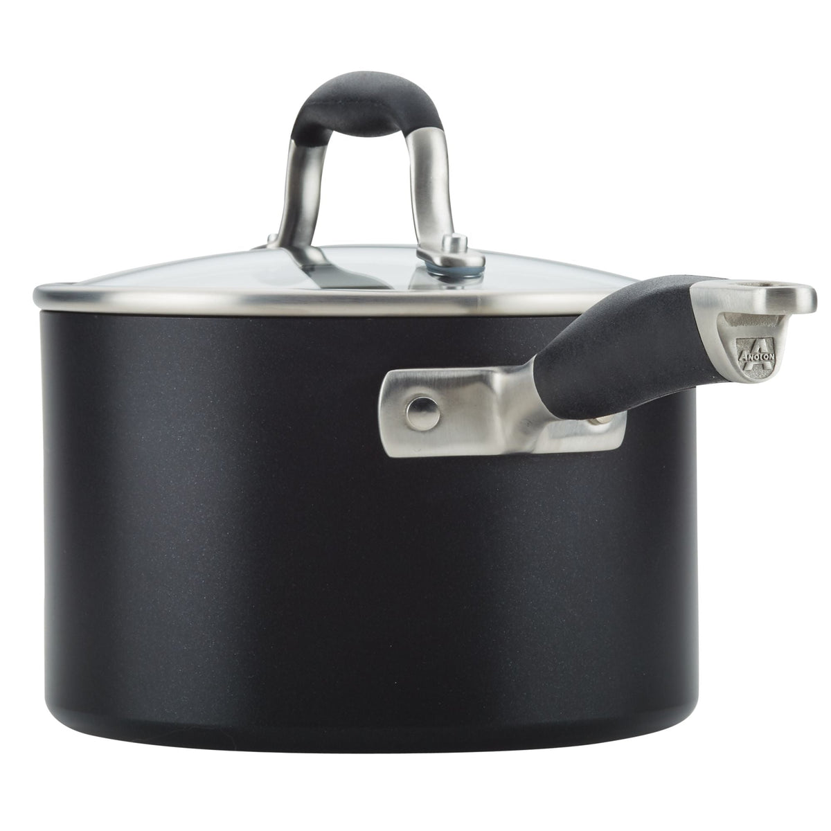 A black saucepan with a stainless steel lid and handle, featuring a small spout on the side. The handle has a black grip for easy handling. The saucepan has a modern and sleek design.