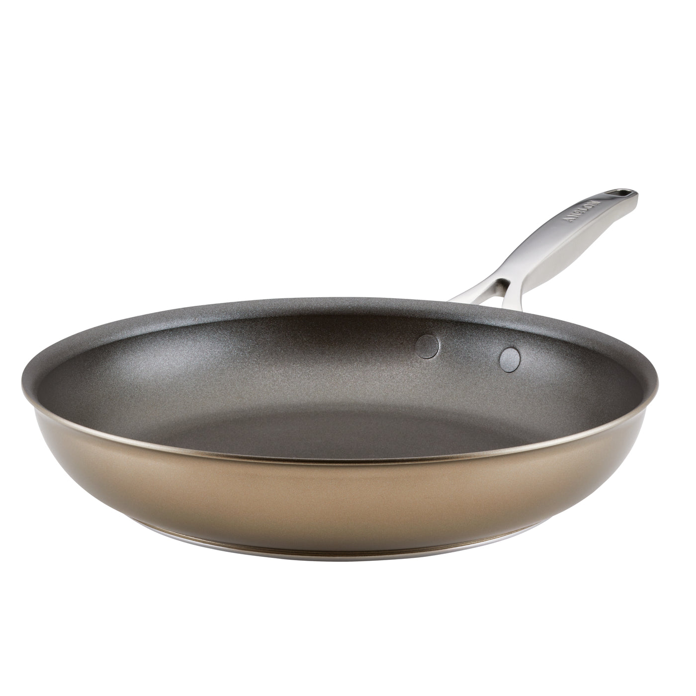 A non-stick frying pan with a metallic handle, shown against a plain white background. The pan has a smooth, dark interior and a shiny exterior.