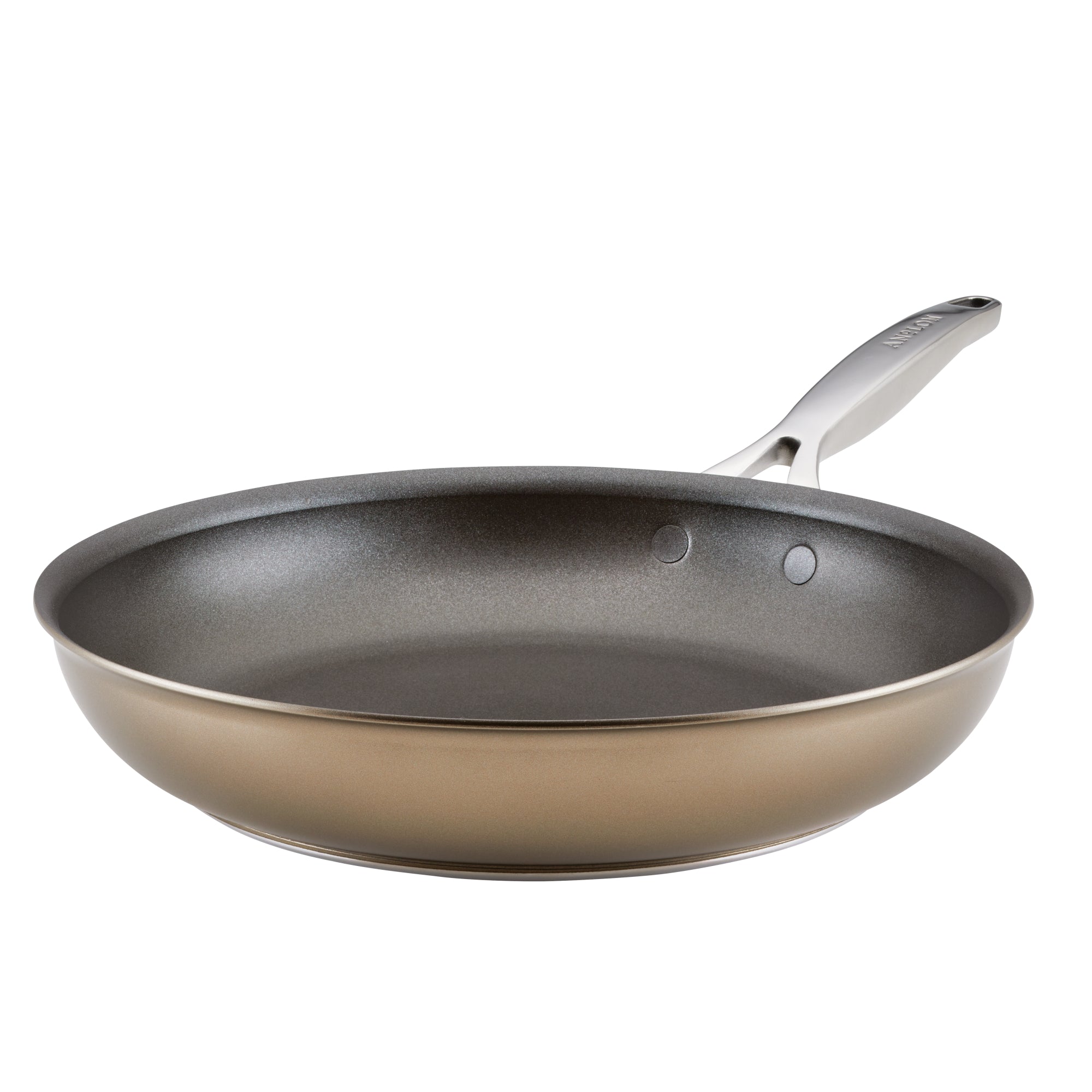 A non-stick frying pan with a metallic handle, shown against a plain white background. The pan has a smooth, dark interior and a shiny exterior.