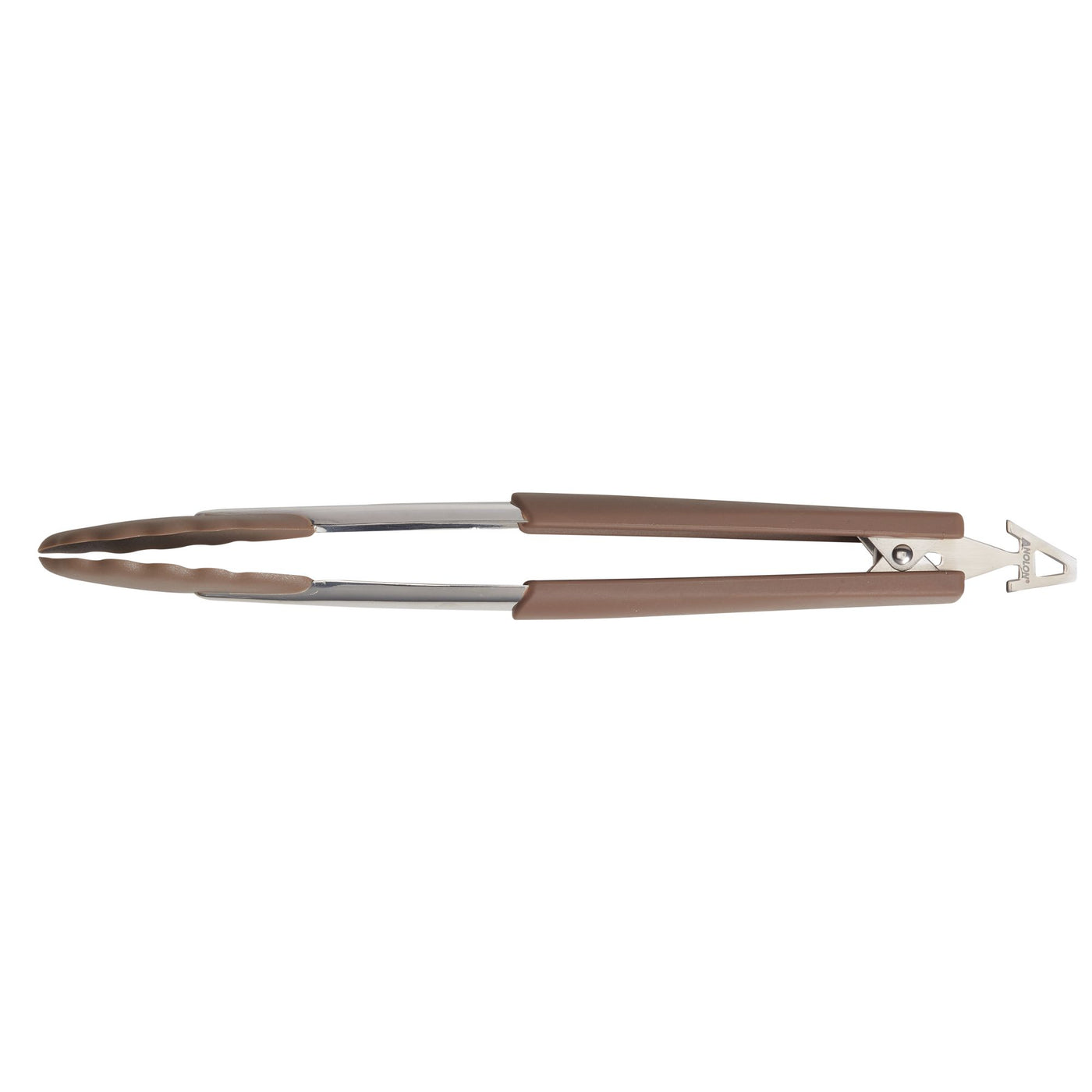 A pair of metal kitchen tongs with brown silicone grips on the handles and tips. The tongs are fully extended, showing a locking mechanism at the handle end for storage.