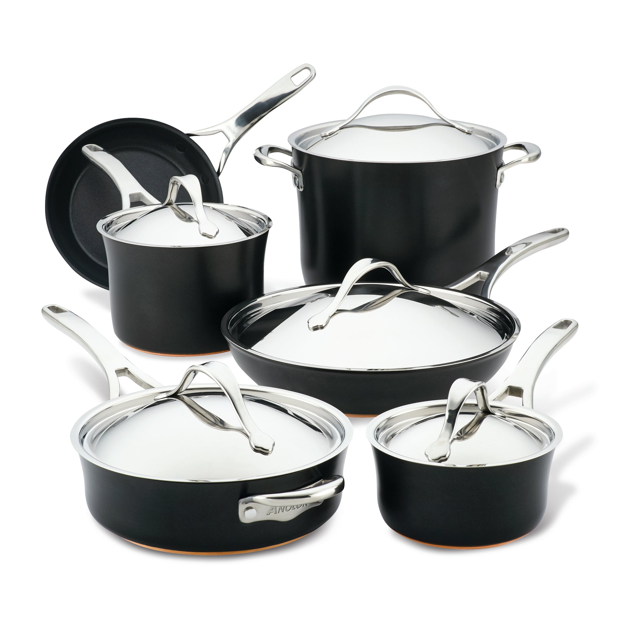 A set of black and silver cookware, including pots and pans with lids. The collection features sleek handles and a polished finish, arranged in a group on a white background.