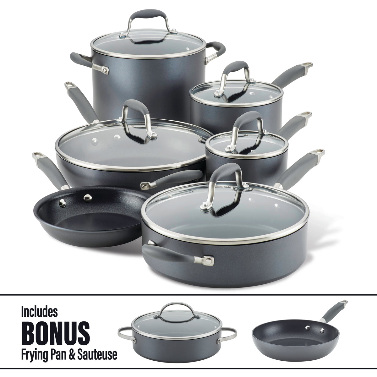 A set of gray non-stick cookware with glass lids, including saucepans, a stockpot, a sauté pan, and a frying pan. The set is arranged neatly with an inset image highlighting the bonus frying pan and sauté pan.