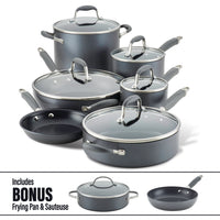 A set of gray non-stick cookware with glass lids, including saucepans, a stockpot, a sauté pan, and a frying pan. The set is arranged neatly with an inset image highlighting the bonus frying pan and sauté pan.