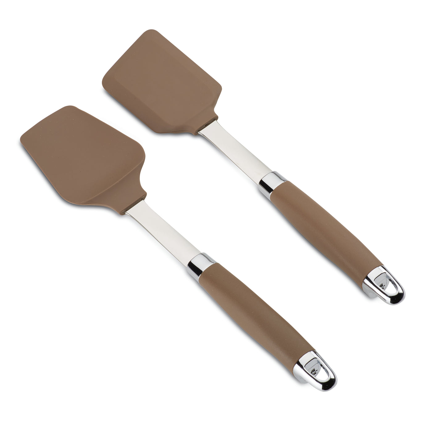 Two brown spatulas with shiny silver accents on the handles are placed side by side on a white background. The spatulas have silicone ends and ergonomic grips.