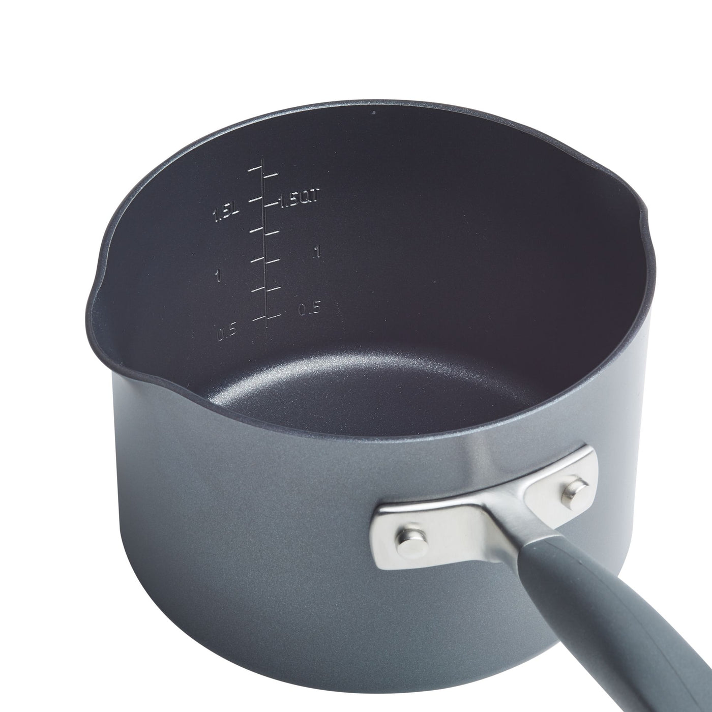 A black saucepan with a long handle and measurement markings on the inner side, indicating volume up to 1.5 quarts. The saucepan features a pouring lip on either side.