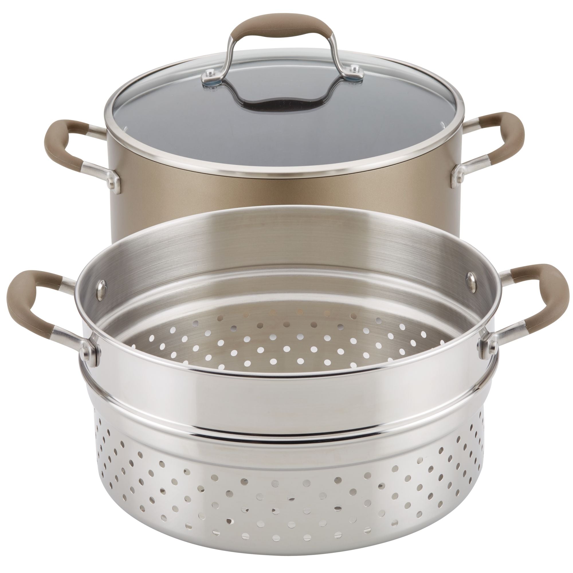 A three-tiered cookware set featuring a pot with a glass lid on top, a stainless steel steamer insert with perforations in the middle, and another similar steamer basket below. Each piece has matching handles.