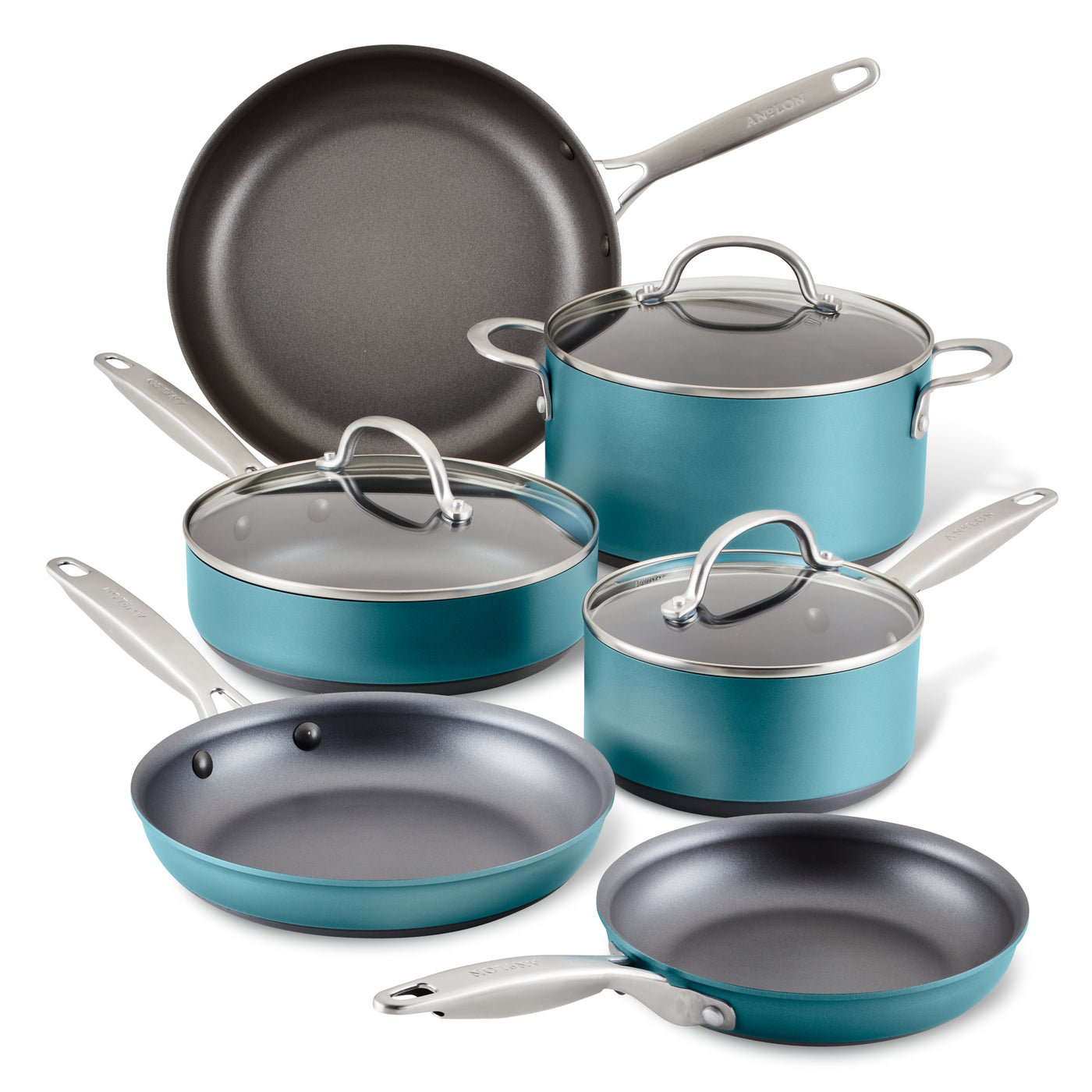 A set of non-stick cookware in turquoise, including two frying pans, three saucepans with lids, and a sauté pan with a lid. The handles are silver, and the interior is dark gray.