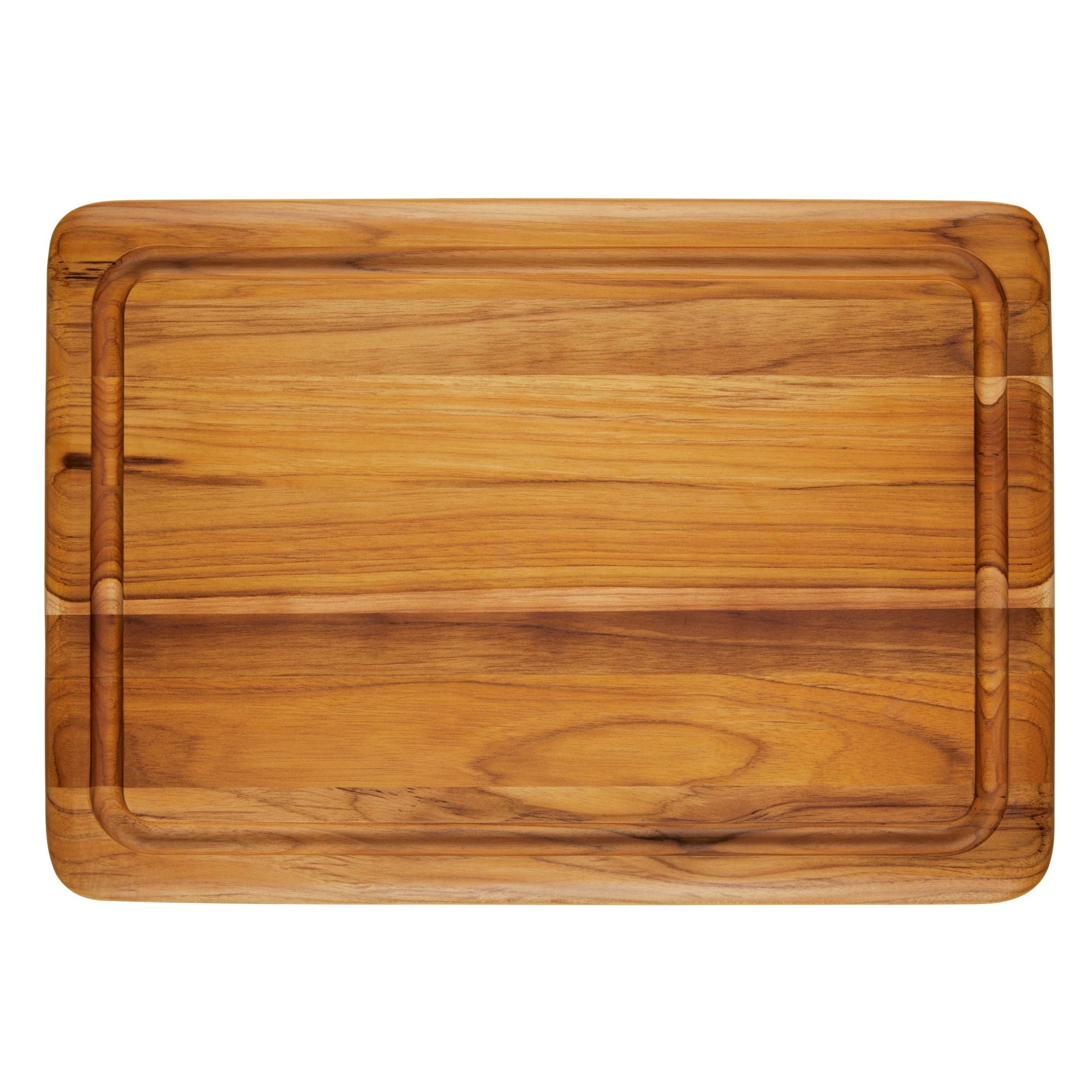 The Pantryware 20 x 14-Inch Reversible Teak Cutting Board features rounded corners and an indented groove around the edge, displayed against a white background.
