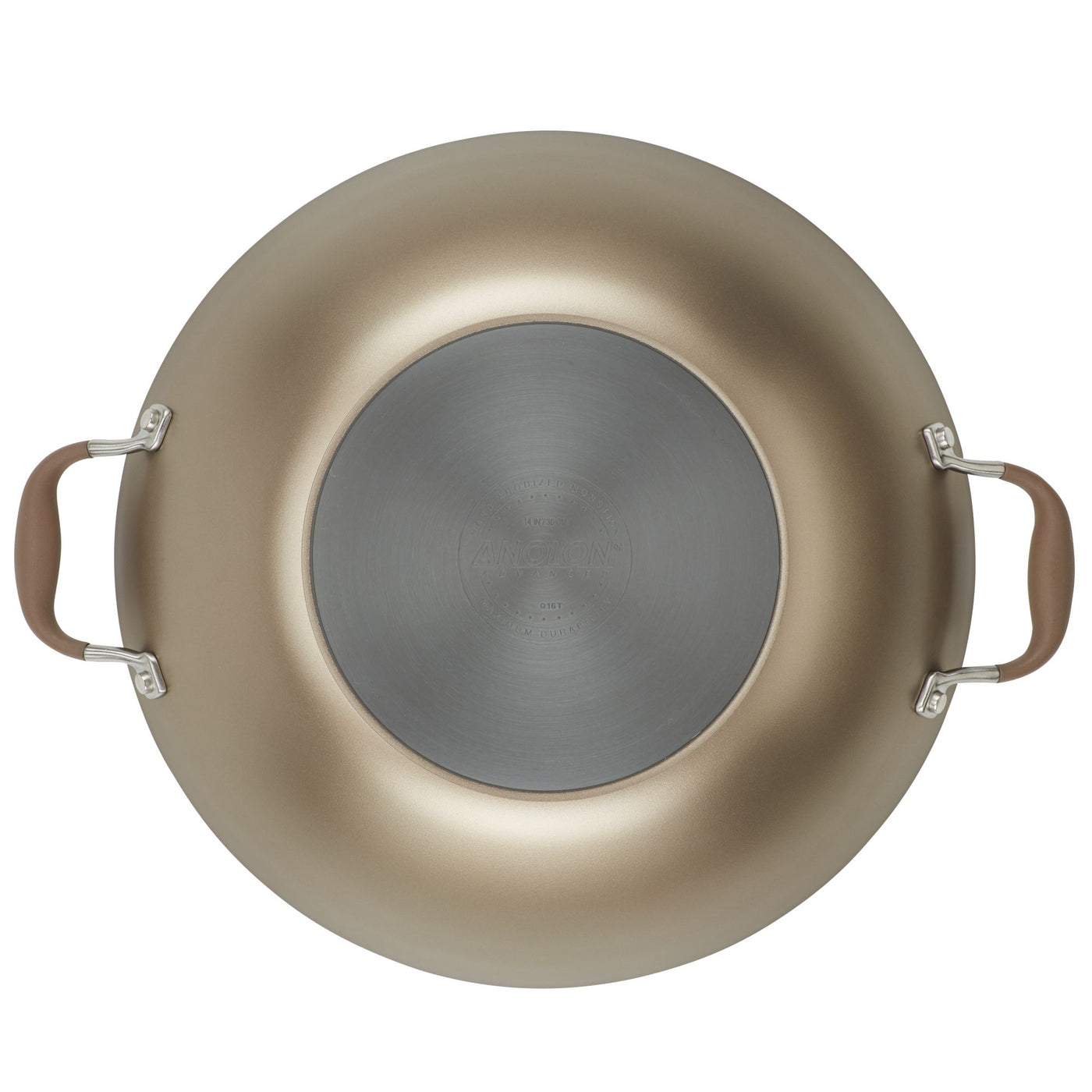 A metallic, round cooking pot lid with two side handles. The lid has a sleek bronze finish and a reflective, circular center. The handles appear to be designed for easy grip.