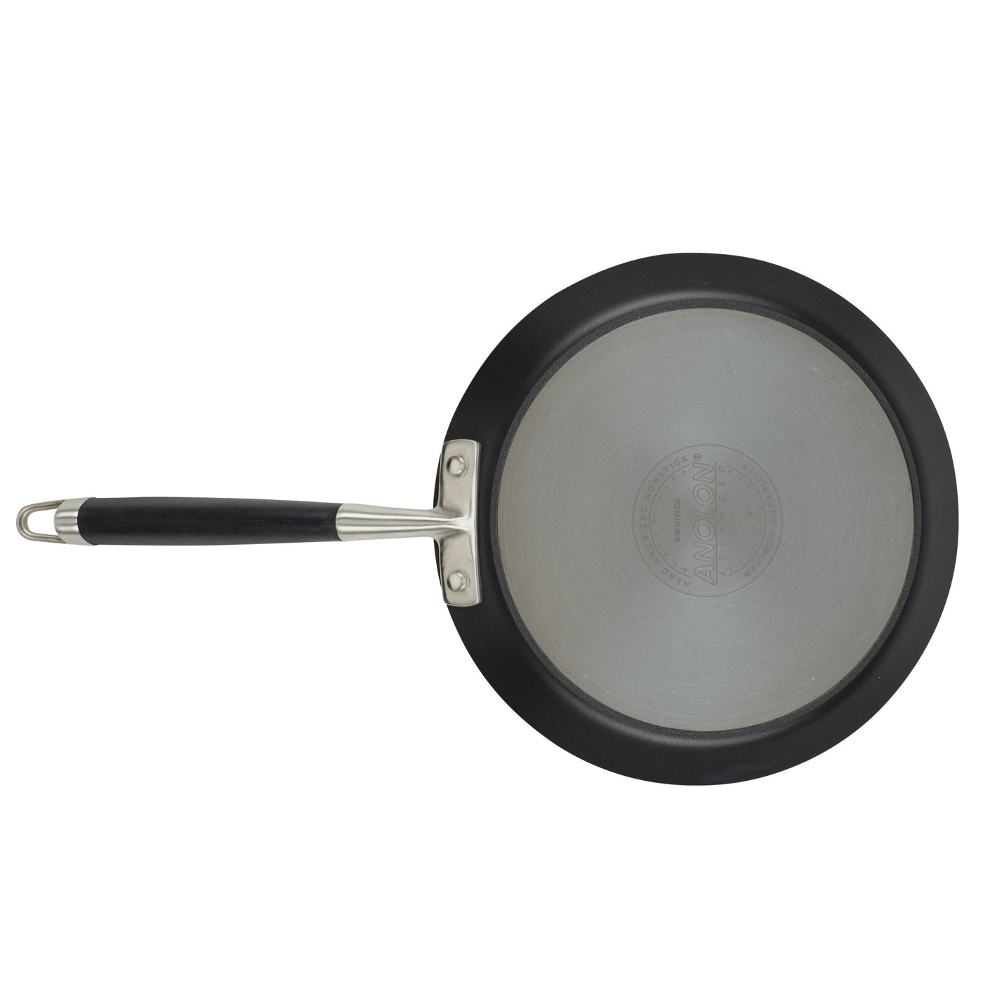 A black non-stick frying pan with a stainless steel bottom and a black handle, viewed from above. The pan has a smooth surface and a shiny finish.